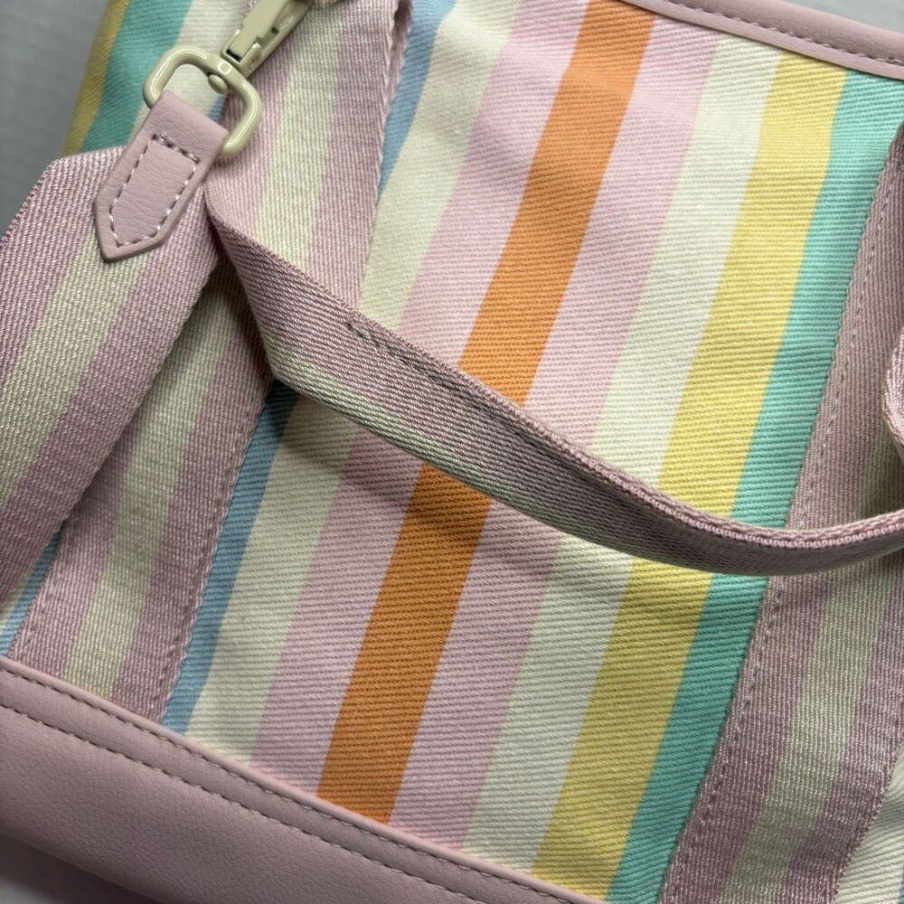 Betsey Johnson Canvas Tote Colorful Rainbow Stripe Floral Bag Charm NWT - Picture 9 of 14